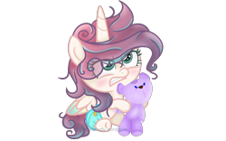 Size: 1500x933 | Tagged: safe, artist:xxmelody-scribblexx, oc, oc only, oc:frosted heart, alicorn, pony, g4, baby, baby pony, base used, female, filly, foal, growling, offspring, parent:pound cake, parent:princess flurry heart, parents:poundflurry, plushie, simple background, solo, teddy bear, transparent background