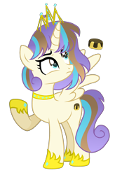Size: 1873x2689 | Tagged: safe, artist:princess--gracie, oc, oc only, oc:carmel cake, alicorn, pony, g4, adoptable, base used, crown, female, hoof shoes, jewelry, mare, offspring, parent:pound cake, parent:princess flurry heart, parents:poundflurry, princess shoes, raised hoof, regalia, simple background, solo, transparent background, turned head