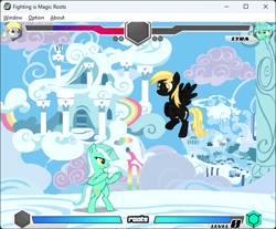 Size: 642x532 | Tagged: safe, derpy hooves, lyra heartstrings, fly, insect, pegasus, pony, unicorn, fighting is magic, fighting is magic - roots, g4, bipedal, cloudsdale, female, flying, game screencap, mare, palette swap, recolor