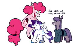 Size: 1280x800 | Tagged: safe, artist:goatpaste, maud pie, pinkie pie, rarity, earth pony, pony, unicorn, g4, season 6, the gift of the maud pie, alternate design, clothes, coat markings, colored hooves, female, happy, jumping, leonine tail, looking at each other, looking at someone, mare, open mouth, open smile, pale belly, pie sisters, shirt, siblings, simple background, sisters, smiling, socks (coat markings), standing on two hooves, tail, trio, trio female, unshorn fetlocks, white background