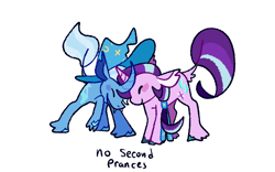 Size: 1280x800 | Tagged: safe, artist:goatpaste, starlight glimmer, trixie, pony, unicorn, g4, no second prances, season 6, clothes, colored hooves, curved horn, cute, diatrixes, duo, duo female, eyes closed, fangs, female, friends, glimmerbetes, hat, horn, horns crossed, leonine tail, mare, simple background, smiling, tail, trixie's hat, unshorn fetlocks, white background