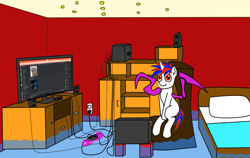 Size: 1463x925 | Tagged: safe, artist:snowi, oc, oc only, oc:snowi, pony, unicorn, bed, bedroom, computer, horn, light skin, mutant, room, solo, unicorn oc, water