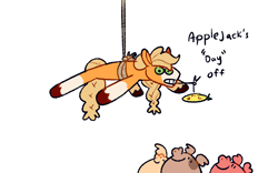 Size: 1280x800 | Tagged: safe, artist:goatpaste, applejack, earth pony, pig, pony, applejack's "day" off, g4, season 6, carrot, carrot on a stick, coat markings, colored hooves, female, food, gritted teeth, group, hanging, looking up, mare, mouth hold, quartet, rope, simple background, smiling, socks (coat markings), teeth, unshorn fetlocks, white background