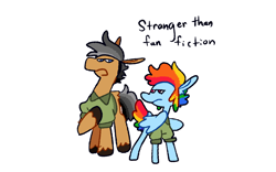 Size: 1280x800 | Tagged: safe, artist:goatpaste, quibble pants, rainbow dash, earth pony, pegasus, pony, g4, season 6, stranger than fan fiction, annoyed, clothes, colored hooves, duo, duo male and female, female, frown, hoof on chest, looking at each other, looking at someone, male, mare, open mouth, outfit, quibble pants is not amused, rainbow dash is not amused, shirt, simple background, stallion, unamused, unshorn fetlocks, white background