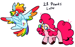 Size: 1280x800 | Tagged: safe, artist:goatpaste, pinkie pie, rainbow dash, earth pony, pegasus, pony, 28 pranks later, g4, season 6, colored hooves, cookie zombie, derp, duo, duo female, female, heterochromia, hiding face, mare, open mouth, scared, simple background, spread wings, surprised, tongue out, unshorn fetlocks, white background, wings