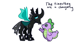 Size: 1280x800 | Tagged: safe, artist:goatpaste, spike, thorax, changeling, dragon, g4, season 6, the times they are a changeling, curved horn, cute, duo, duo male, fangs, friendship, horn, insect wings, male, reaching, simple background, smiling, spikabetes, spread wings, thorabetes, white background, wings