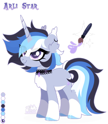 Size: 1920x2189 | Tagged: safe, artist:kabuvee, oc, oc only, oc:arli star, pony, unicorn, chest fluff, choker, closed mouth, coat markings, color palette, colored eartips, colored hooves, ear fluff, ear piercing, ear tufts, earring, eye clipping through hair, facial markings, female, gradient horn, hoof polish, horn, jewelry, mare, pale belly, piercing, purple eyes, simple background, smiling, socks (coat markings), solo, standing, star (coat marking), transparent background, unicorn oc