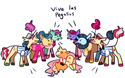 Size: 1280x800 | Tagged: safe, artist:goatpaste, applejack, flam, flim, fluttershy, trapeze star, trotsky, earth pony, pegasus, pony, unicorn, g4, season 6, viva las pegasus, angry, argument, brothers, clothes, coat markings, colored hooves, emanata, facial hair, female, flim flam brothers, frown, hat, leonine tail, leotard, male, mare, missing accessory, moustache, octet, open mouth, scared, shirt, siblings, siegfried and roy, socks (coat markings), stallion, tail, unshorn fetlocks