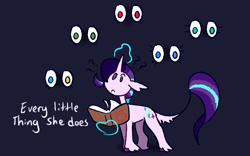 Size: 1280x800 | Tagged: safe, artist:goatpaste, starlight glimmer, pony, unicorn, every little thing she does, g4, season 6, book, colored hooves, dark background, eye, eyes, eyes in the dark, frown, heterochromia, implied applejack, implied fluttershy, implied mind control, implied pinkie pie, implied rainbow dash, implied rarity, leonine tail, looking up, magic, magic aura, question mark, simple background, solo focus, tail, telekinesis, unshorn fetlocks