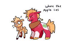 Size: 1280x800 | Tagged: safe, artist:goatpaste, applejack, big macintosh, earth pony, pony, g4, season 6, where the apple lies, angry, big macintosh is not amused, brother and sister, coat markings, colored hooves, duo, duo male and female, emanata, female, floppy ears, freckles, frown, looking at someone, male, pigtails, plewds, scrunchy face, siblings, simple background, socks (coat markings), teenage applejack, teenage big macintosh, teenager, unamused, unshorn fetlocks, white background, younger