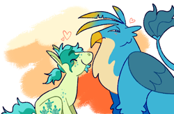 Size: 1280x839 | Tagged: safe, artist:goatpaste, gallus, sandbar, earth pony, griffon, pony, g4, blushing, duo, gay, male, ship:gallbar, shipping