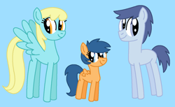 Size: 1228x750 | Tagged: safe, artist:katiesworldofponies36, first base, klein, sassaflash, earth pony, pegasus, pony, series:my little filly: friendship is magic, g4, adorabase, adult blank flank, background pony, blank flank, blue background, cute, cyan background, daughter, diakleines, family, father, father and child, father and daughter, female, female first base, filly, foal, headcanon, male, mare, mother, mother and child, mother and daughter, mother and father, ms paint, pegasus first base, race swap, rule 63, sassabetes, simple background, smiling, stallion