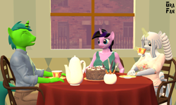 Size: 3224x1920 | Tagged: safe, artist:gradiusfanatic, oc, oc only, oc:alan, oc:arctic flurry, oc:imagica, unicorn, anthro, 3d, cake, clothes, female, food, horn, male, not twilight sparkle, source filmmaker, tea, unicorn oc