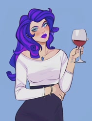 Size: 1903x2522 | Tagged: safe, artist:chloe dawn, artist:eggheadscientist, rarity, human, g4, alcohol, blue background, bracelet, cutie mark tattoo, eyeshadow, female, glass, humanized, jewelry, lipstick, makeup, necklace, simple background, solo, tattoo, wine, wine glass