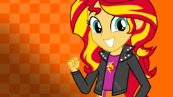 Size: 3840x2160 | Tagged: safe, artist:octosquish7260, sunset shimmer, human, equestria girls, g4, arms, checkered background, clothes, female, fingers, fist, gradient background, grin, hand, happy, high res, jacket, leather, leather jacket, long hair, long sleeves, open mouth, open smile, skirt, smiling, solo, teenager, teeth, top