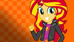 Size: 3840x2160 | Tagged: safe, artist:octosquish7260, sunset shimmer, human, equestria girls, g4, arms, checkered background, clothes, cute, female, fingers, fist, gradient background, grin, hand, happy, high res, jacket, leather, leather jacket, long hair, long sleeves, open mouth, open smile, shimmerbetes, skirt, smiling, solo, teenager, teeth, top