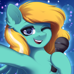 Size: 1500x1500 | Tagged: safe, artist:alunedoodle, oc, pegasus, pony, bust, confetti, female, looking at you, microphone, one eye closed, portrait, singing, smiling, smiling at you, solo, two toned mane, wink, winking at you