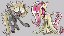 Size: 2880x1620 | Tagged: safe, artist:10bullz, derpy hooves, fluttershy, pegasus, pony, g4, duo, female, gray background, gray coat, hair over one eye, hooves, mare, open mouth, open smile, pink hair, pink tail, red eyes, simple background, smiling, tail, wings, yellow coat, yellow eyes, yellow hair, yellow tail