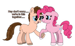 Size: 828x515 | Tagged: safe, artist:thebronypony123, pinkie pie, oc, oc:braden, earth pony, pony, g4, canon x oc, dialogue, female, holding hooves, male, mare, shipping, simple background, smiling, stallion, together, white background