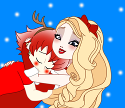 Size: 1228x1060 | Tagged: safe, artist:spike17, spike, human, equestria girls, g4, apple white, christmas, crossover, crossover shipping, duo, ever after high, female, holiday, hug, human spike, humanized, love, male, red hair, ship:spikewhite, shipping, sleeping, smiling, spike x ever after high, straight