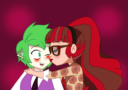 Size: 1709x1204 | Tagged: safe, artist:spike17, spike, human, equestria girls, g4, blushing, cheek kiss, crossover, ever after high, hug, human spike, humanized, kissing, rosabella beauty, ship:rospike, smiling, spike x ever after high, student