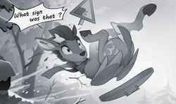 Size: 2500x1490 | Tagged: safe, artist:yakovlev-vad, oc, oc only, oc:arny, deer, deer pony, original species, peryton, buck, clothes, cloven hooves, cute, grayscale, male, moments before disaster, monochrome, scarf, sledding, solo