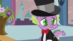 Size: 2160x1214 | Tagged: safe, screencap, spike, dragon, a canterlot wedding, g4, bowtie, canterlot, canterlot castle, clothes, disappointed, flower, force field, hat, marriage, ring bearer, royal wedding, solo, spike's first bow tie, suit, top hat, tuxedo, wedding