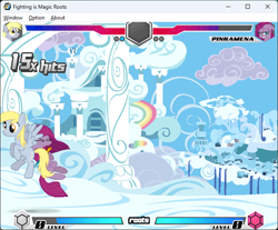 Size: 642x532 | Tagged: safe, derpy hooves, pinkie pie, earth pony, pegasus, fighting is magic, fighting is magic - roots, g4, cloudsdale, female, flying, game screencap, mare, pinkamena diane pie, weather factory