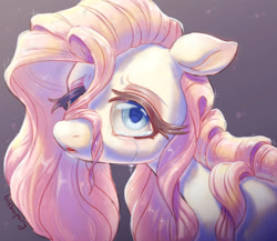 Size: 2300x2000 | Tagged: safe, artist:bishopony, fluttershy, pegasus, pony, g4, bust, crying, female, floppy ears, gradient background, high res, looking at you, mare, open mouth, sad, signature, solo, stray strand, teary eyes, three quarter view