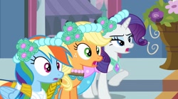 Size: 2160x1206 | Tagged: safe, screencap, applejack, rainbow dash, rarity, earth pony, pegasus, pony, unicorn, a canterlot wedding, g4, alternate hairstyle, annoyed, bridesmaid, bridesmaid applejack, bridesmaid dash, bridesmaid dress, bridesmaid rarity, canterlot, canterlot castle, clothes, conflict, disappointed, dress, female, floral head wreath, flower, flower in hair, force field, gown, mare, marriage, missing accessory, royal wedding, wedding