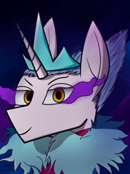 Size: 1248x1680 | Tagged: safe, artist:hno3, oc, oc only, pony, unicorn, equestria at war mod, equestria rises still (equestria at war submod), blue mane, bust, clothes, fur coat, gradient background, jewelry, orange eyes, portrait, sombra eyes, tiara