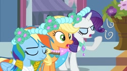 Size: 2160x1213 | Tagged: safe, screencap, applejack, rainbow dash, rarity, earth pony, pegasus, pony, unicorn, a canterlot wedding, g4, alternate hairstyle, annoyed, bridesmaid, bridesmaid applejack, bridesmaid dash, bridesmaid dress, bridesmaid rarity, canterlot, canterlot castle, clothes, conflict, disappointed, dress, female, floral head wreath, flower, flower in hair, force field, gown, mare, marriage, missing accessory, royal wedding, shocked, wedding
