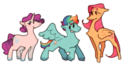 Size: 1037x533 | Tagged: safe, artist:hillhomed, fluttershy, rainbow dash, rarity, pegasus, pony, unicorn, g4, concave belly, female, folded wings, height difference, mare, physique difference, quadrupedal, raised hoof, simple background, spread wings, standing, thin legs, trio, unshorn fetlocks, white background, wings