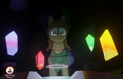 Size: 1683x1080 | Tagged: safe, artist:maso, oc, oc only, oc:bravebun, earth pony, pony, 3d, bag, blender, brown mane, cave, crystal, eye reflection, female, hairpin, krita, looking down, reflection, shawl, simple background, solo