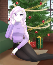 Size: 813x1000 | Tagged: safe, artist:riouku, fleur-de-lis, human, equestria girls, g4, alternate hairstyle, belt, braid, brick wall, christmas, christmas lights, christmas tree, clothes, cute, denim, eyebrows, eyebrows visible through hair, eyeshadow, female, fingernails, hairclip, holiday, indoors, jeans, long sleeves, looking at you, makeup, nail polish, pants, pigtails, present, sitting, smiling, smiling at you, solo, sweater, tree, turtleneck, twintails, window