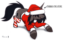 Size: 1392x881 | Tagged: safe, artist:fenixdust, oc, oc only, oc:ivy, pony, unicorn, christmas, clothes, cute, female, hat, hockless socks, holiday, mare, misspelling, santa hat, simple background, socks, solo, stockings, striped socks, thigh highs, weapons-grade cute, white background, ych example, your character here