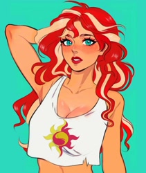 Size: 1080x1282 | Tagged: safe, alternate version, artist:chloe dawn, artist:eggheadscientist, sunset shimmer, human, g4, arm behind head, belly button, breasts, busty sunset shimmer, cleavage, clothes, cutie mark on clothes, female, freckles, humanized, midriff, simple background, solo, tank top, teal background, torn clothes