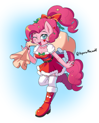 Size: 1403x1758 | Tagged: safe, artist:melliedraws, pinkie pie, earth pony, anthro, g4, abstract background, alternate hairstyle, bag, christmas, clothes, costume, gradient background, hat, holiday, lipstick, nail polish, open mouth, santa costume, santa hat, santa sack, socks, thigh highs