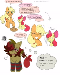 Size: 1650x2048 | Tagged: safe, artist:xxb4d_4ppl3xx, apple bloom, applejack, oc, oc:bad apple, earth pony, pony, g4, apple bloom's bow, apple sisters, applejack's hat, bags under eyes, bow, clothes, cousin, cowboy hat, cross-popping veins, dialogue, emanata, female, filly, foal, hair bow, hat, lidded eyes, mare, neet, red eyes, siblings, simple background, sisters, socks, speech, speech bubble, standing, striped socks, sweat, sweatdrop, talking, text, thought bubble, white background
