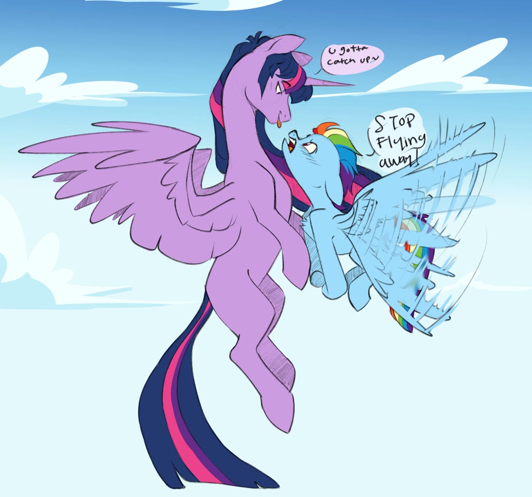 [:p,alicorn,female,flapping,flying,g4,lesbian,pegasus,pony,rainbow dash,safe,shipping,size difference,twilight sparkle,looking at each other,tongue out,missing cutie mark,artist:chub-wub,twilight sparkle (alicorn),smoldash,looking at someone,ship:twidash]