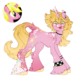 Size: 1000x1000 | Tagged: safe, artist:kazmuun, sunshine smiles, pony, unicorn, series:kazmuun's drawing every pony, g4, alternate design, bracelet, butt fluff, cascading cutie mark, cheek fluff, chest fluff, choker, coat markings, colored eartips, colored eyelashes, colored horn, colored horntip, concave belly, dorsal stripe, ear piercing, ear tufts, earring, female, fluffy, freckles, gradient horn, gradient legs, gradient mane, gradient tail, green eyelashes, hoof fluff, hooves, horn, jewelry, leg fluff, leg freckles, leonine tail, mare, neck fluff, open mouth, open smile, piercing, redesign, scene, shoulder fluff, simple background, smiling, solo, standing, starry eyes, tail, tail fluff, transparent background, unshorn fetlocks, white pupils, wingding eyes