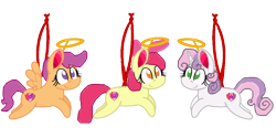 Size: 1200x600 | Tagged: source needed, safe, artist:mlpfan3991, apple bloom, scootaloo, sweetie belle, earth pony, pegasus, pony, unicorn, g4, base used, christmas, christmas ornament, cutie mark crusaders, decoration, female, filly, foal, halo, holiday, simple background, transparent background