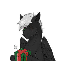 Size: 1514x1514 | Tagged: safe, artist:monolith_skyline, oc, oc:shadow flare, pegasus, pony, christmas, commission, holiday, looking at you, male, one eye closed, one eye open, pegasus oc, present, smiling, smiling at you, wings, ych result
