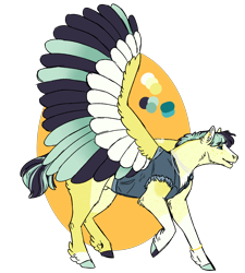 Size: 1800x2000 | Tagged: safe, artist:kitschykricket, oc, oc only, unnamed oc, pegasus, pony, anatomically incorrect, bracelet, butt fluff, cheek fluff, chest fluff, clothes, coat markings, color palette, colored wings, denim, denim jacket, ear fluff, ear piercing, earring, facial markings, freckles, hooves, incorrect leg anatomy, jacket, jewelry, leg feathers, magical lesbian spawn, male, mismatched hooves, multicolored hooves, multicolored wings, neck fluff, necklace, nudity, offspring, orange background, pale belly, parent:coloratura, parent:songbird serenade, pastern (coat markings), piercing, sheath, simple background, socks (coat markings), solo, spread wings, stallion, stripe (coat marking), transparent background, vest, wings
