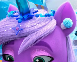 Size: 1605x1294 | Tagged: safe, screencap, violet frost, auroricorn, pony, g5, my little pony: make your mark, my little pony: make your mark chapter 6, secrets of starlight, spoiler:g5, cropped, crystal horn, earplugs, eyeshadow, female, horn, makeup, mare, snow, solo