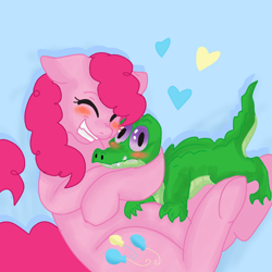 Size: 1378x1378 | Tagged: safe, artist:eeveelutionadventure, gummy, pinkie pie, alligator, earth pony, pony, g4, blushing, eyes closed, female, floating heart, heart, hug, male, smiling