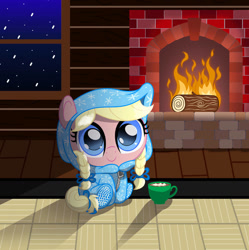 Size: 892x895 | Tagged: safe, artist:spellboundcanvas, oc, oc only, oc:merry bliss, earth pony, braid, chocolate, clothes, cute, female, fire, fireplace, food, footed sleeper, footie pajamas, hot chocolate, mare, onesie, pajamas, smol, snow, solo, window, young