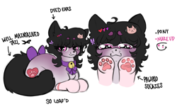 Size: 2359x1450 | Tagged: safe, artist:wtfponytime, earth pony, pony, :3, bell, bell collar, bow, cat ears, clothes, collar, concept art, cosplay, costume, lying down, mimicry, neko, paw pads, paws, ponyloaf, prone, simple background, socks, solo, tail, tail bow, toe beans, underpaw, whiskers, white background