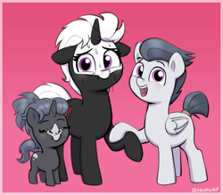 Size: 1385x1212 | Tagged: safe, artist:heretichesh, rumble, oc, oc:s.leech, oc:tumble, pegasus, pony, unicorn, g4, age difference, canon x oc, coat markings, colt, family, female, filly, floppy ears, foal, gradient background, looking at you, male, mare, nervous sweat, offspring, parent:oc:s.leech, parent:rumble, parents:canon x oc, shipping, smiling, smiling at you, straight, trio