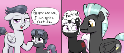 Size: 3000x1296 | Tagged: safe, artist:heretichesh, rumble, thunderlane, oc, oc:s.leech, oc:tumble, pegasus, pony, unicorn, g4, 2 panel comic, :i, canon x oc, coat markings, comic, dialogue, father and child, father and daughter, female, filly, foal, implied male pregnancy, male, mare, nervous sweat, offspring, older, older rumble, parent:oc:s.leech, parent:rumble, parents:canon x oc, shipping, speech bubble, stallion, straight, talking to viewer, thought bubble